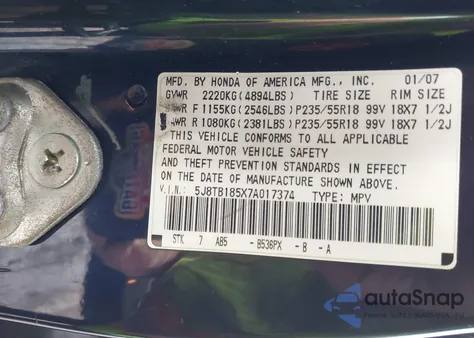 2007 Acura Rdx z USA, uszkodzony, nr VIN 5J8TB185X7A017374